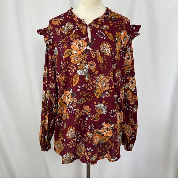 St. John’s Bay Top Blouse Long Sleeve Womens 2XL Ruffled Burgundy Floral Boho‎ - Picture 1 of 11